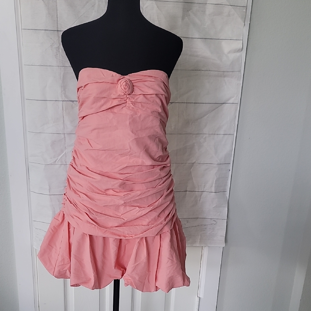 Forever 21 Strapless Pink Ruched Mini Dress with Rose Detail